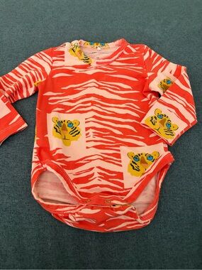 Mini Rodini Coral and Light Pink Tiger Print One-Piece Bodysuit